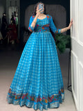 Awesome Sky Blue Printed Chanderi Festival Wear Gown With Koti
