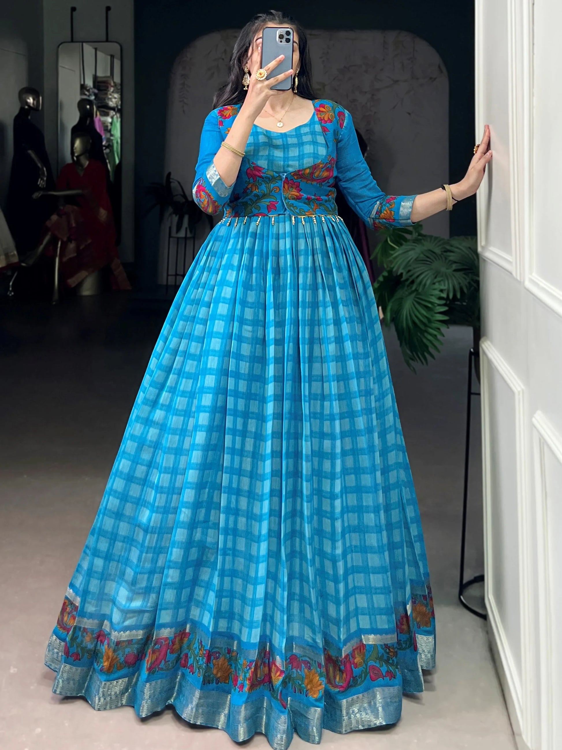 Awesome Sky Blue Printed Chanderi Festival Wear Gown With Koti
