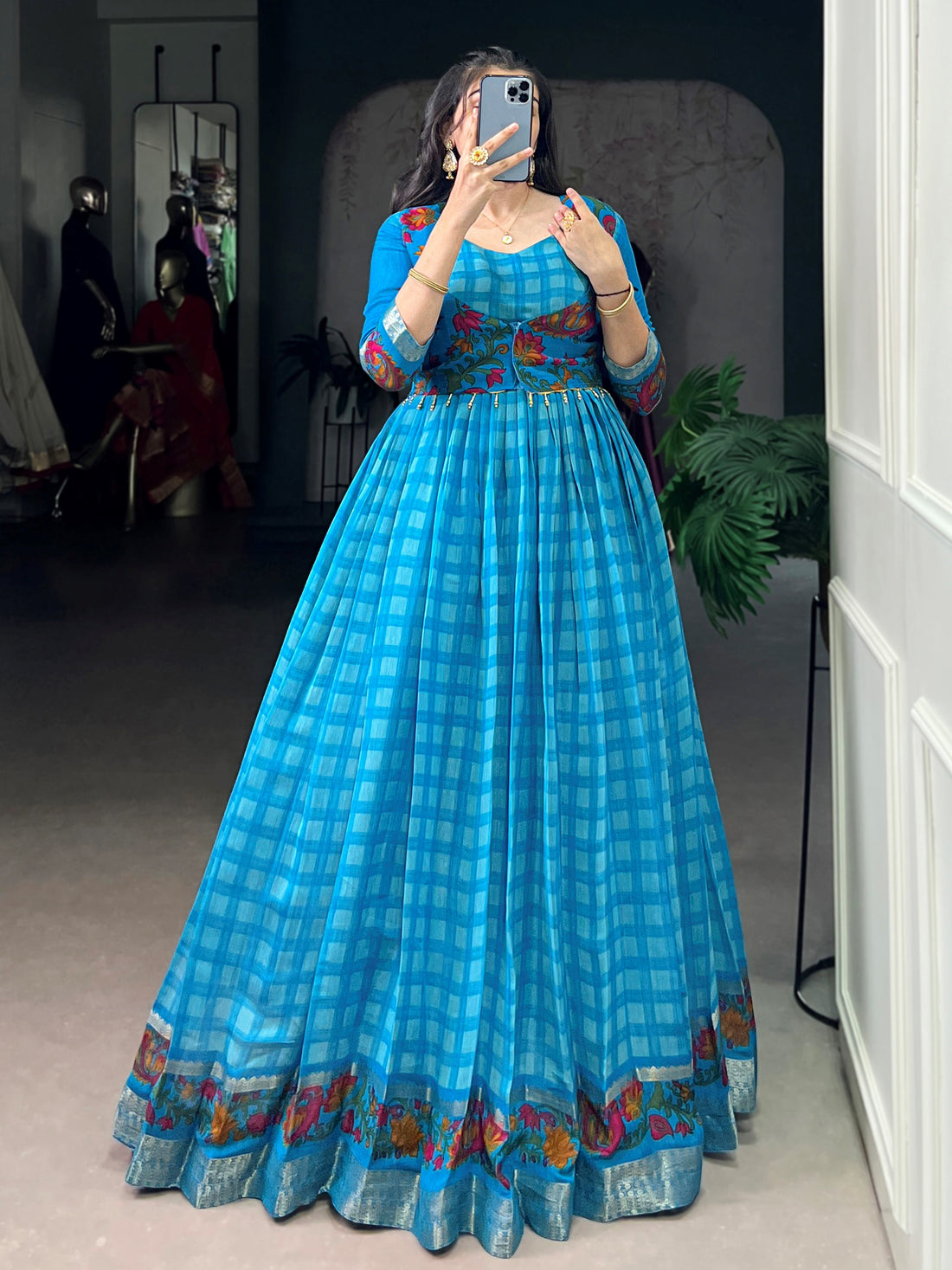 Awesome Sky Blue Printed Chanderi Festival Wear Gown With Koti