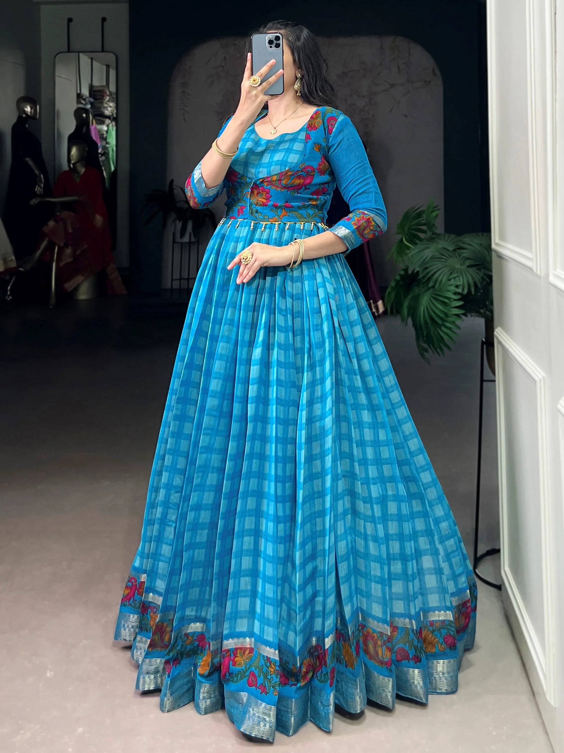 Awesome Sky Blue Printed Chanderi Festival Wear Gown With Koti