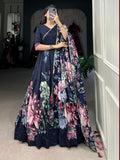 Beautiful Navy Blue Floral Printed Tussar Silk Event Wear Gown