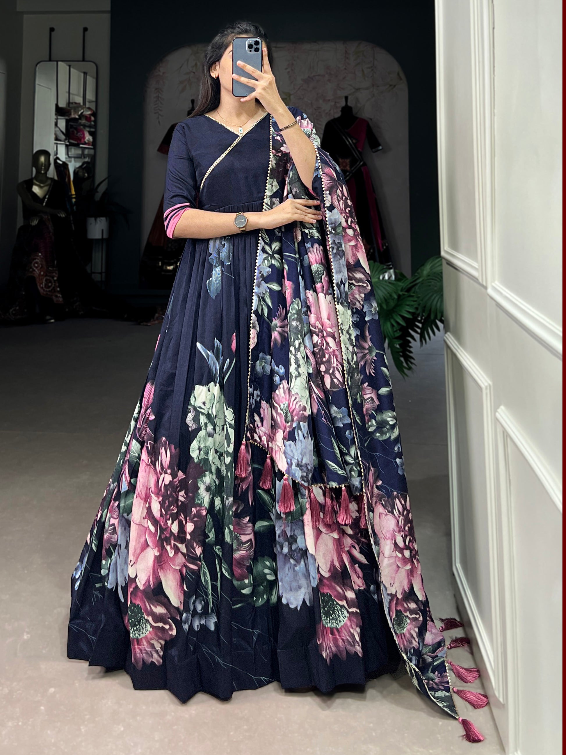 Beautiful Navy Blue Floral Printed Tussar Silk Event Wear Gown