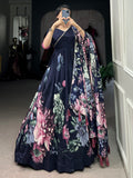 Beautiful Navy Blue Floral Printed Tussar Silk Event Wear Gown