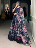 Beautiful Navy Blue Floral Printed Tussar Silk Event Wear Gown