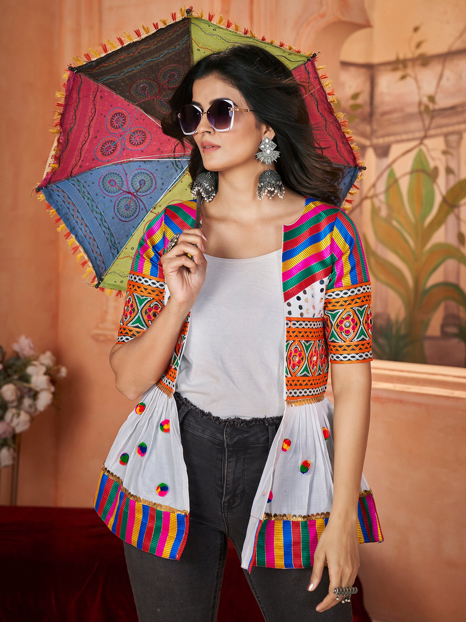 Attractive White Embroidered Silk Navratri Wear Kediya Style Kurti