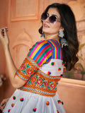 Attractive White Embroidered Silk Navratri Wear Kediya Style Kurti