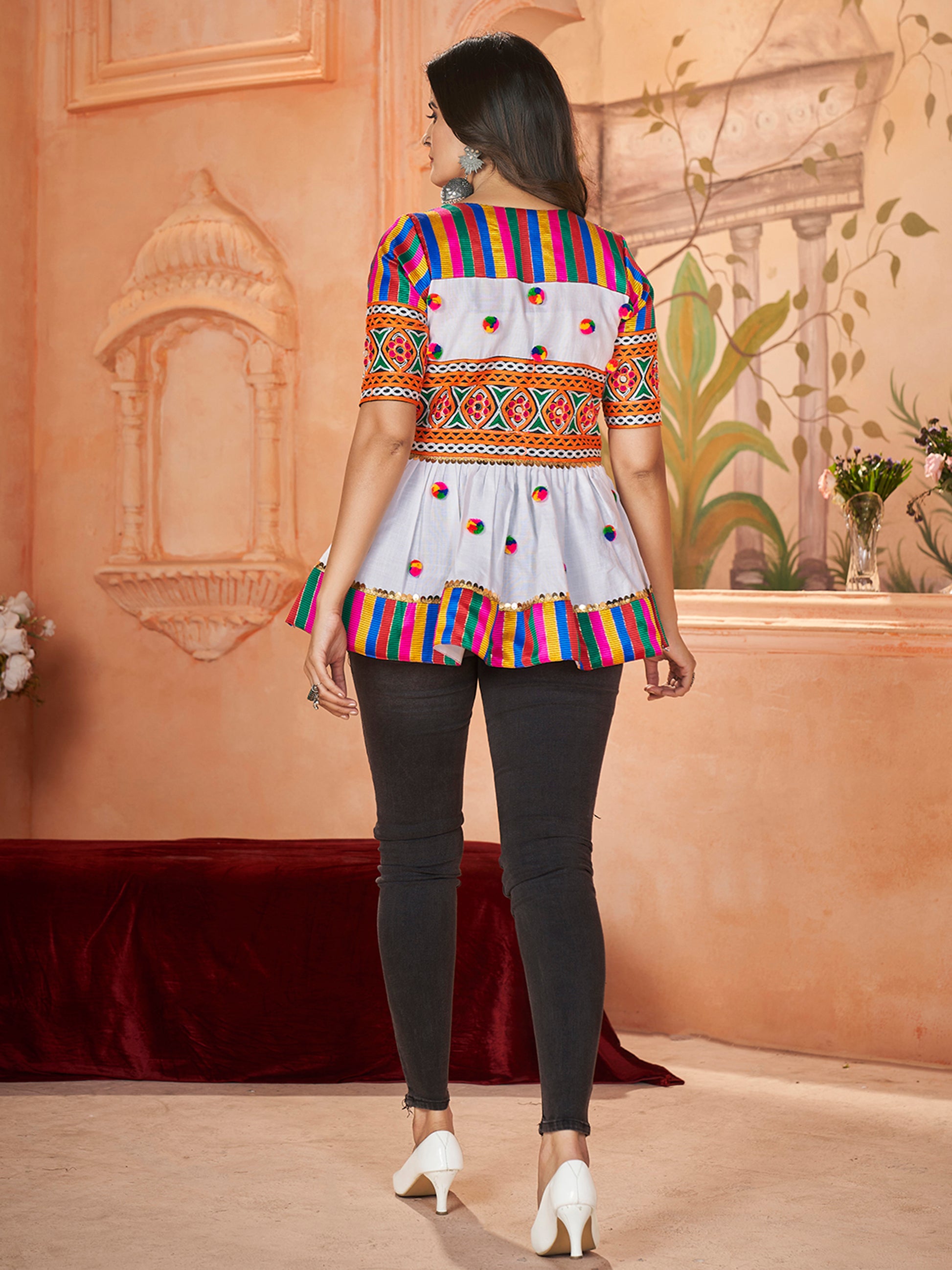 Attractive White Embroidered Silk Navratri Wear Kediya Style Kurti