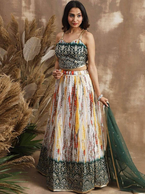 Awesome White & Green Sequins Chinon Events Wear Lehenga Choli