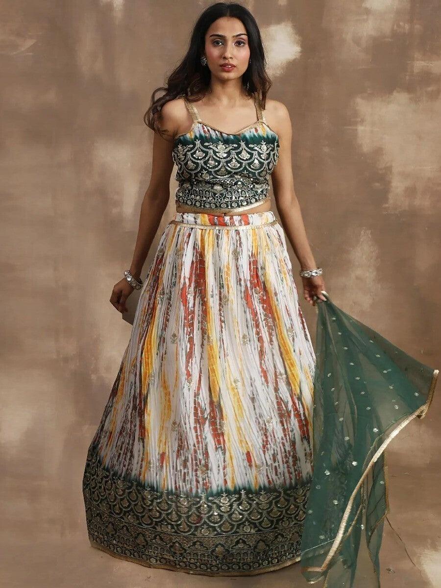Awesome White & Green Sequins Chinon Events Wear Lehenga Choli