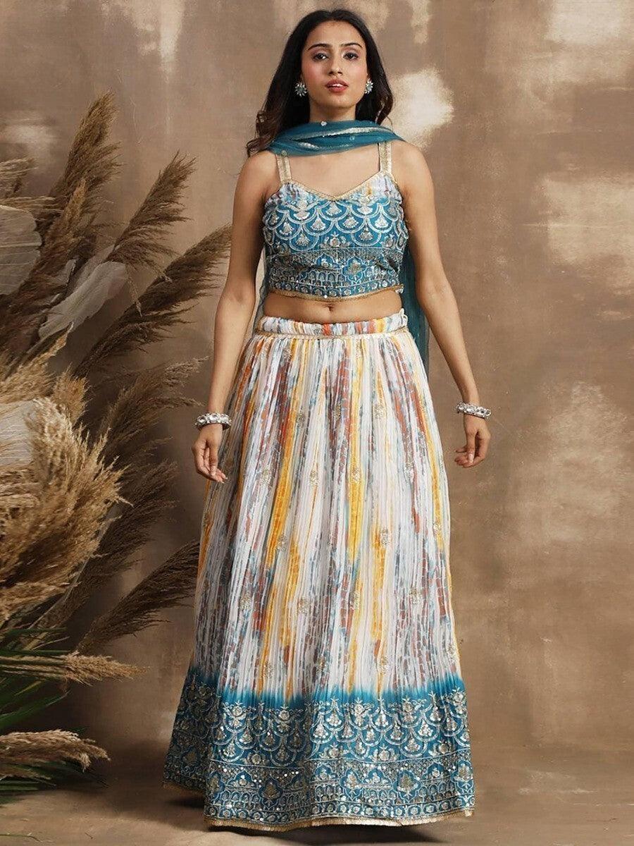 Pleasurable White & Blue Sequins Chinon Festive Wear Lehenga Choli