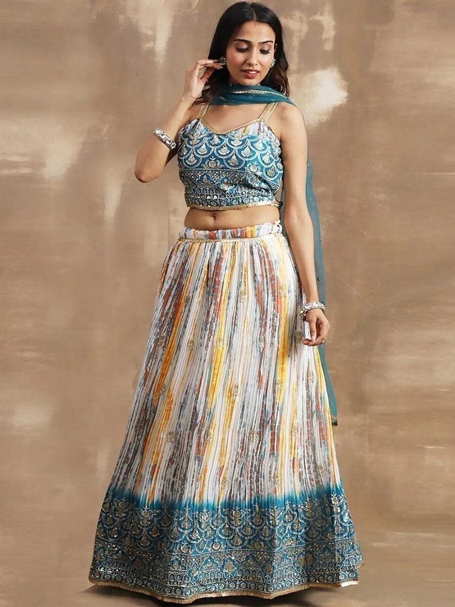Pleasurable White & Blue Sequins Chinon Festive Wear Lehenga Choli