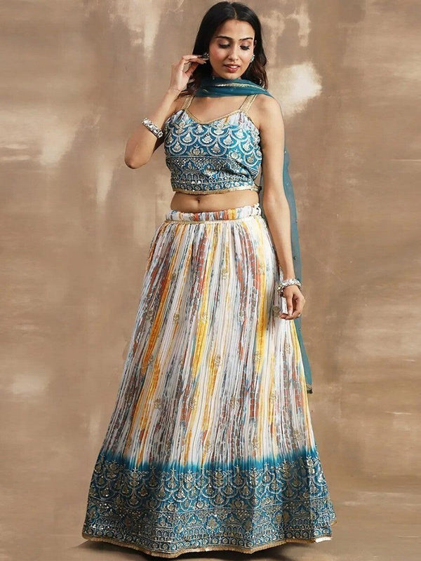 Pleasurable White & Blue Sequins Chinon Festive Wear Lehenga Choli