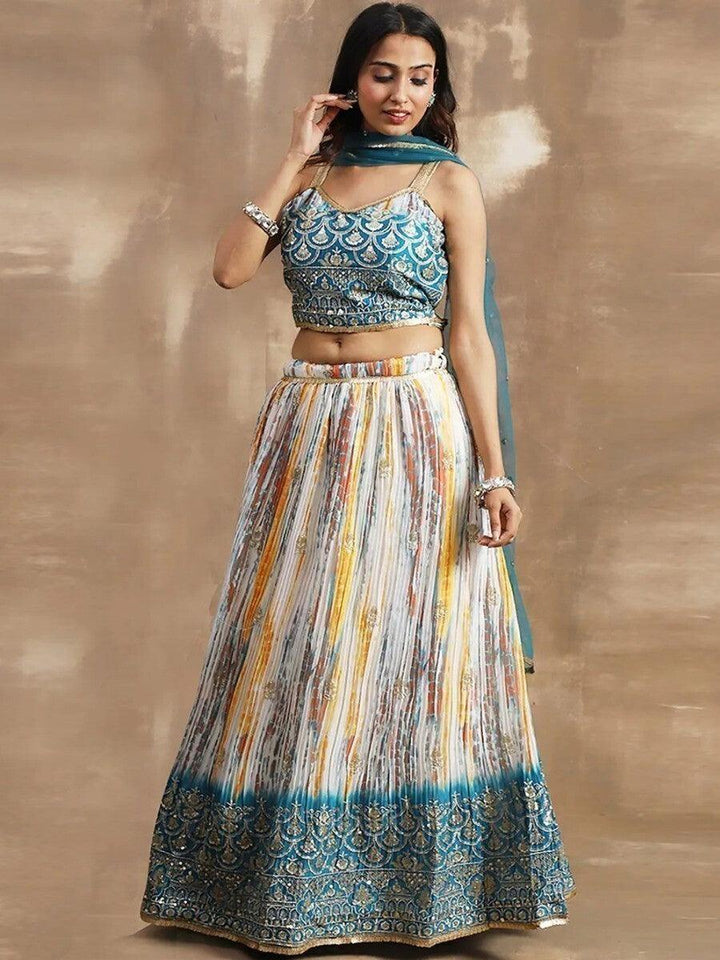 Pleasurable White & Blue Sequins Chinon Festive Wear Lehenga Choli