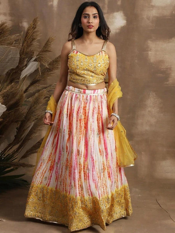 Attractive White & Yellow Sequins Chinon Haldi Wear Lehenga Choli
