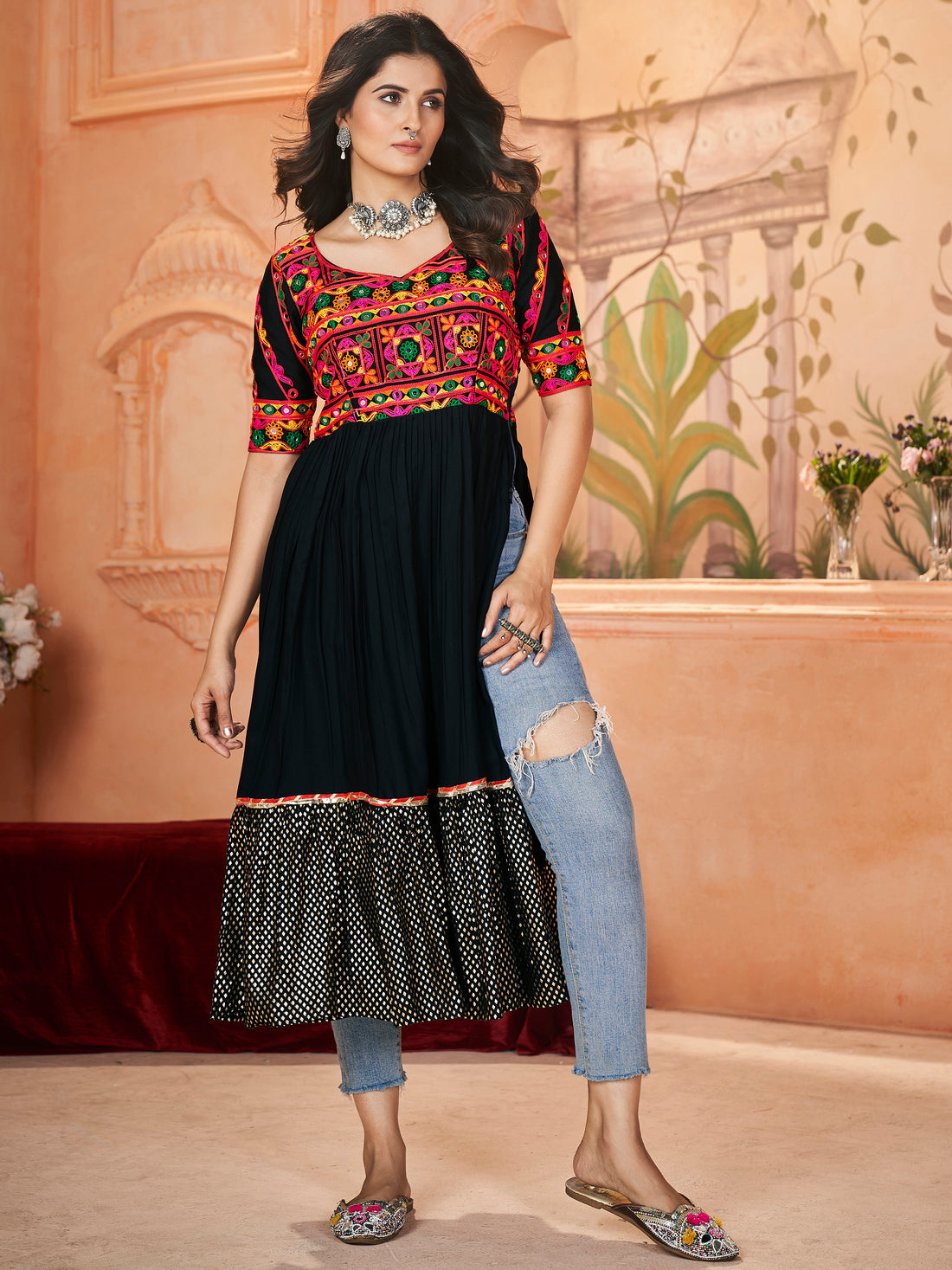 Astonishing Black Embroidered Rayon Navratri Wear Long Kurti