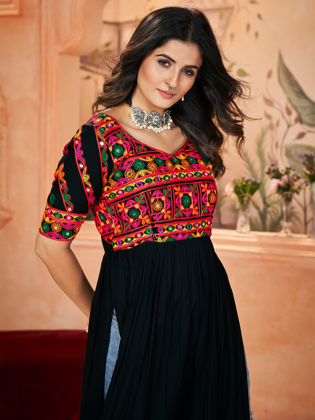 Astonishing Black Embroidered Rayon Navratri Wear Long Kurti