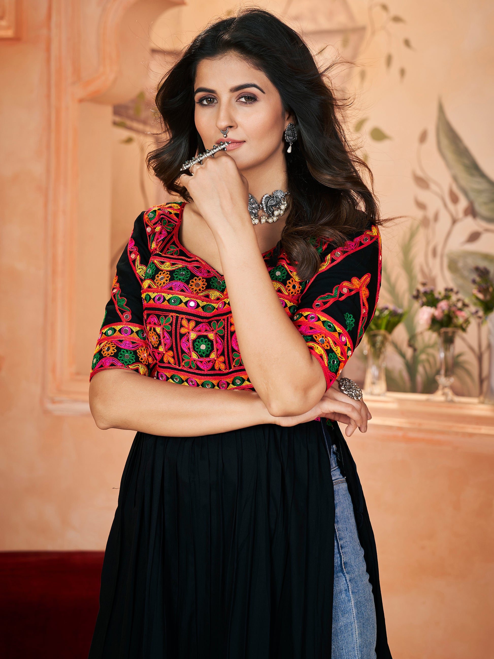 Astonishing Black Embroidered Rayon Navratri Wear Long Kurti