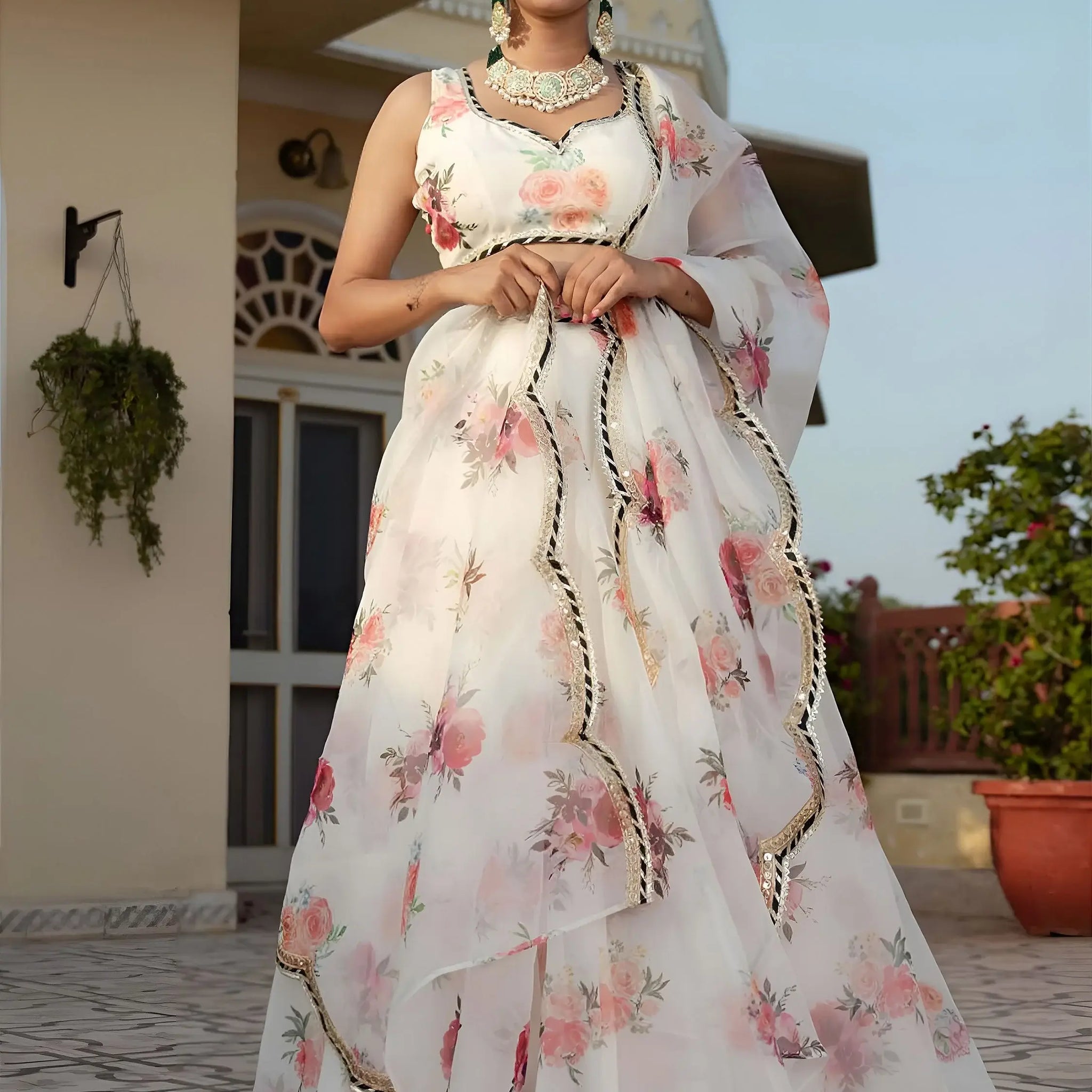 Elegant Designer White Printed Organza Lehenga Choli For Women