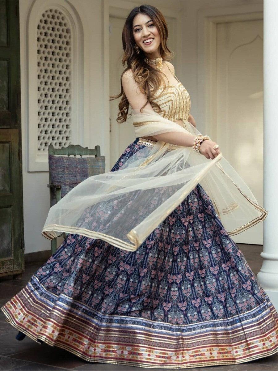 Amazing Navy Blue Digital Printed Art Silk Sangeet Wear Lehenga Choli