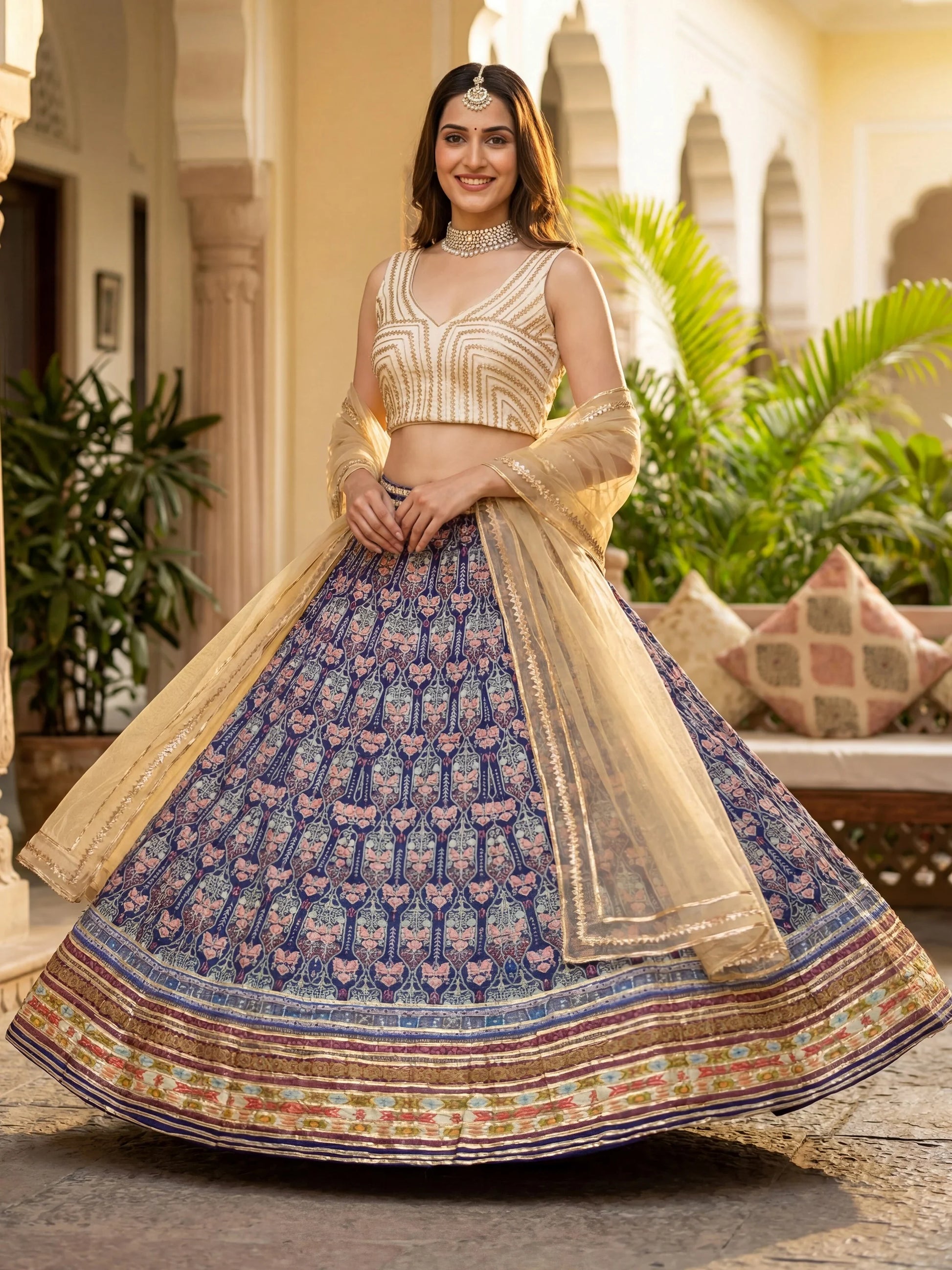 Attractive Blue Digital Printed Art Silk Marriage Wear Lehenga With Blouse