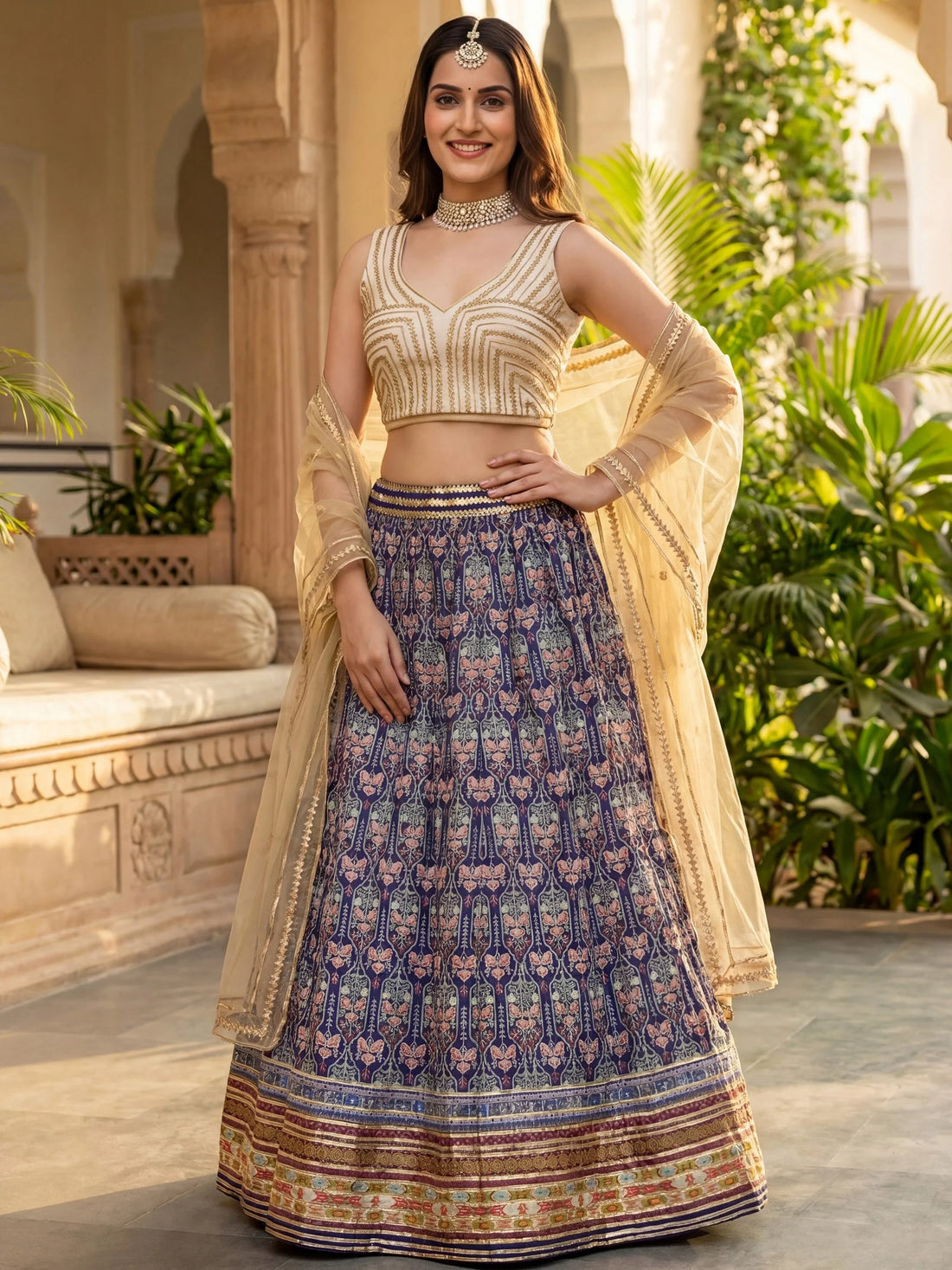 Attractive Blue Digital Printed Art Silk Marriage Wear Lehenga With Blouse