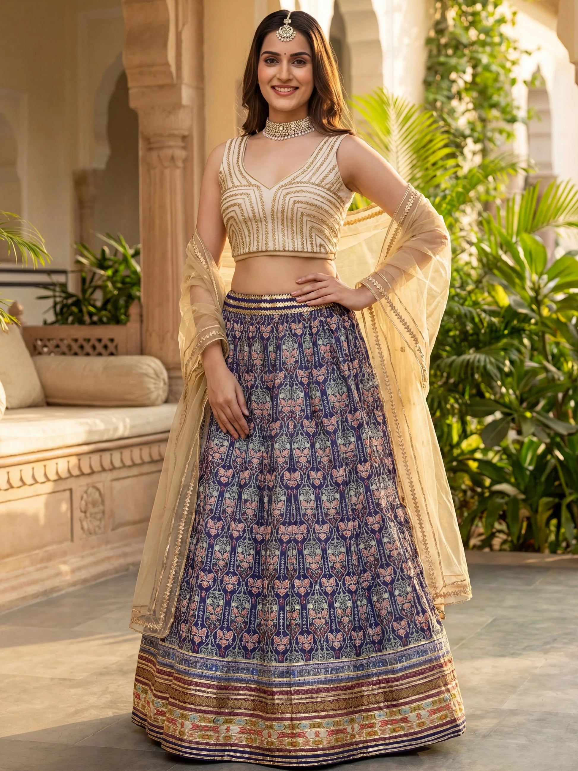 Attractive Blue Digital Printed Art Silk Marriage Wear Lehenga With Blouse