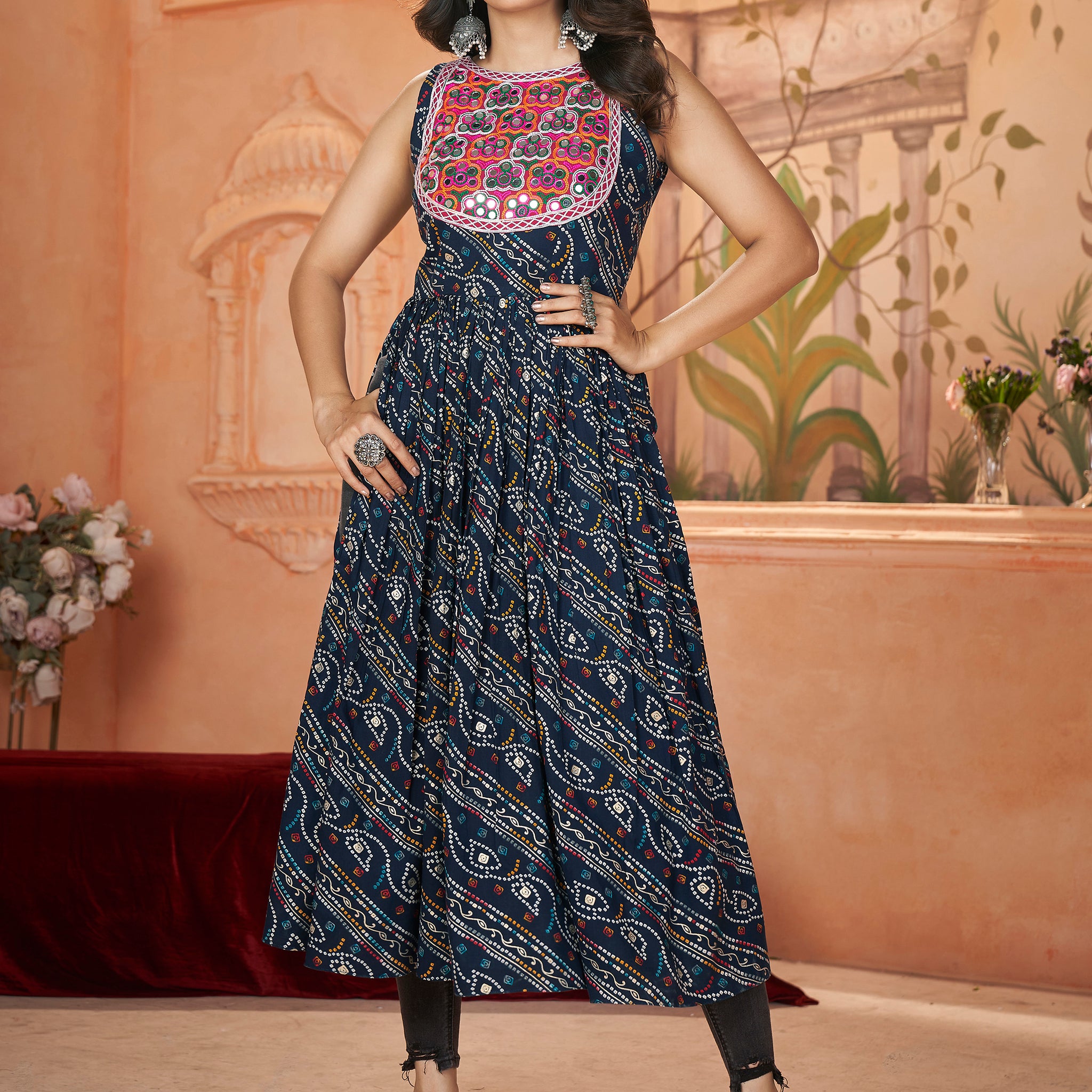 Marvelous Navy Blue Embroidered Rayon Navratri Wear Kurti
