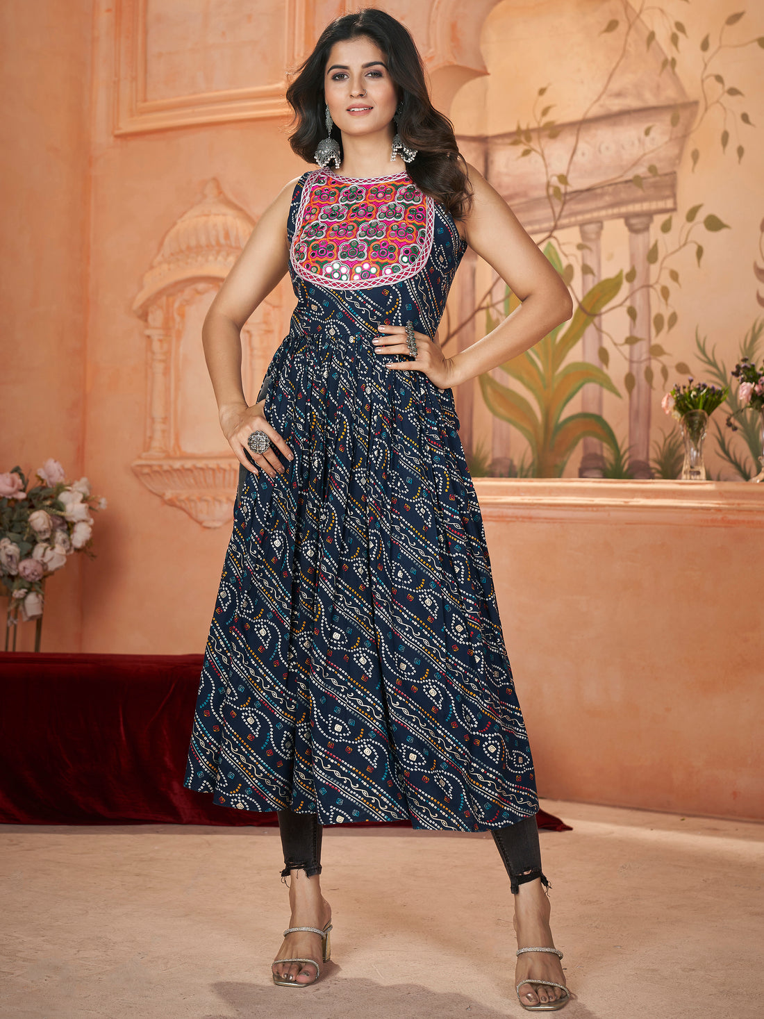 Marvelous Navy Blue Embroidered Rayon Navratri Wear Kurti