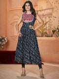 Marvelous Navy Blue Embroidered Rayon Navratri Wear Kurti