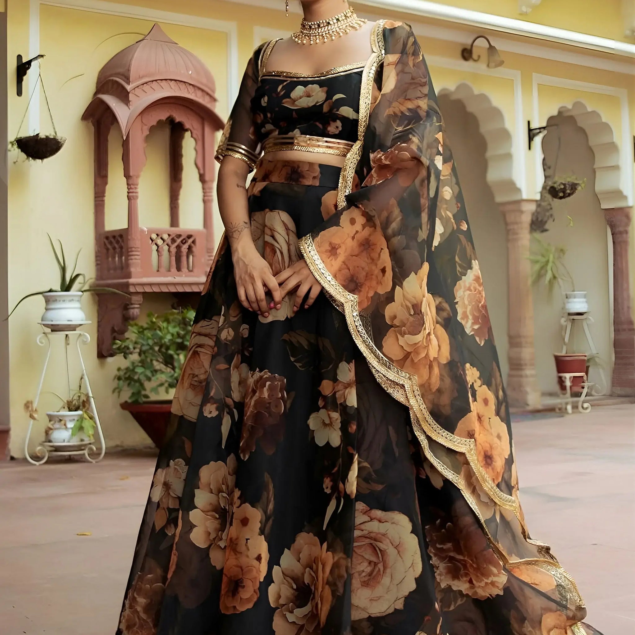 Entertaining Black Printed Semi Stitched Traditional Lehenga Choli