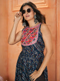 Marvelous Navy Blue Embroidered Rayon Navratri Wear Kurti