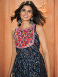 Marvelous Navy Blue Embroidered Rayon Navratri Wear Kurti