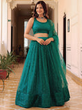 Delightful Teal Green Thread Embroidery Net Party Wear Lehenga Choli