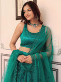 Delightful Teal Green Thread Embroidery Net Party Wear Lehenga Choli