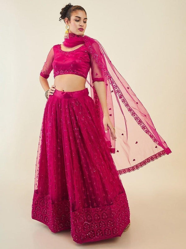 Exquisite Pink Sequins Net Sangeet Wear Lehenga Choli With Dupatta
