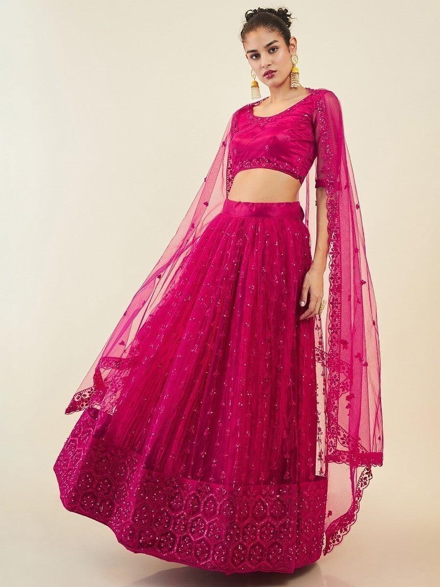 Exquisite Pink Sequins Net Sangeet Wear Lehenga Choli With Dupatta