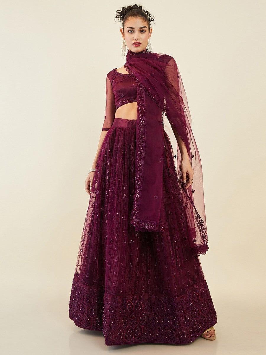 Stunning Wine Embroidered Net Wedding Wear Lehenga Choli With Dupatta