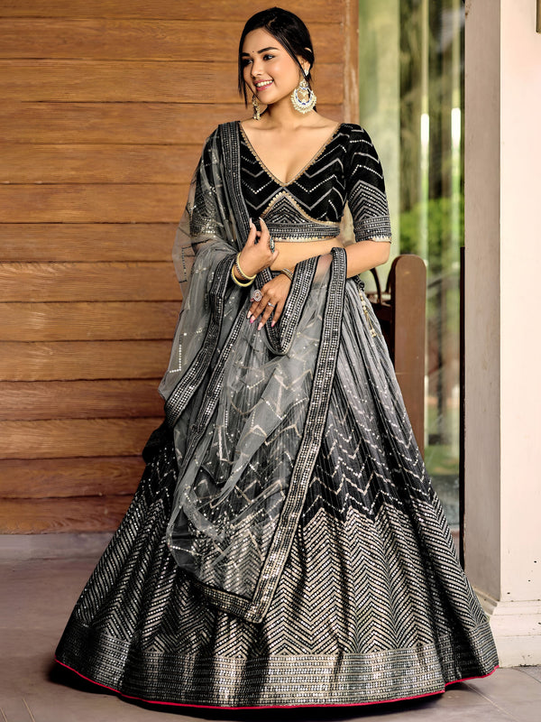 Superb Black Sequins Chinon Events Wear Lehenga Choli With Dupatta