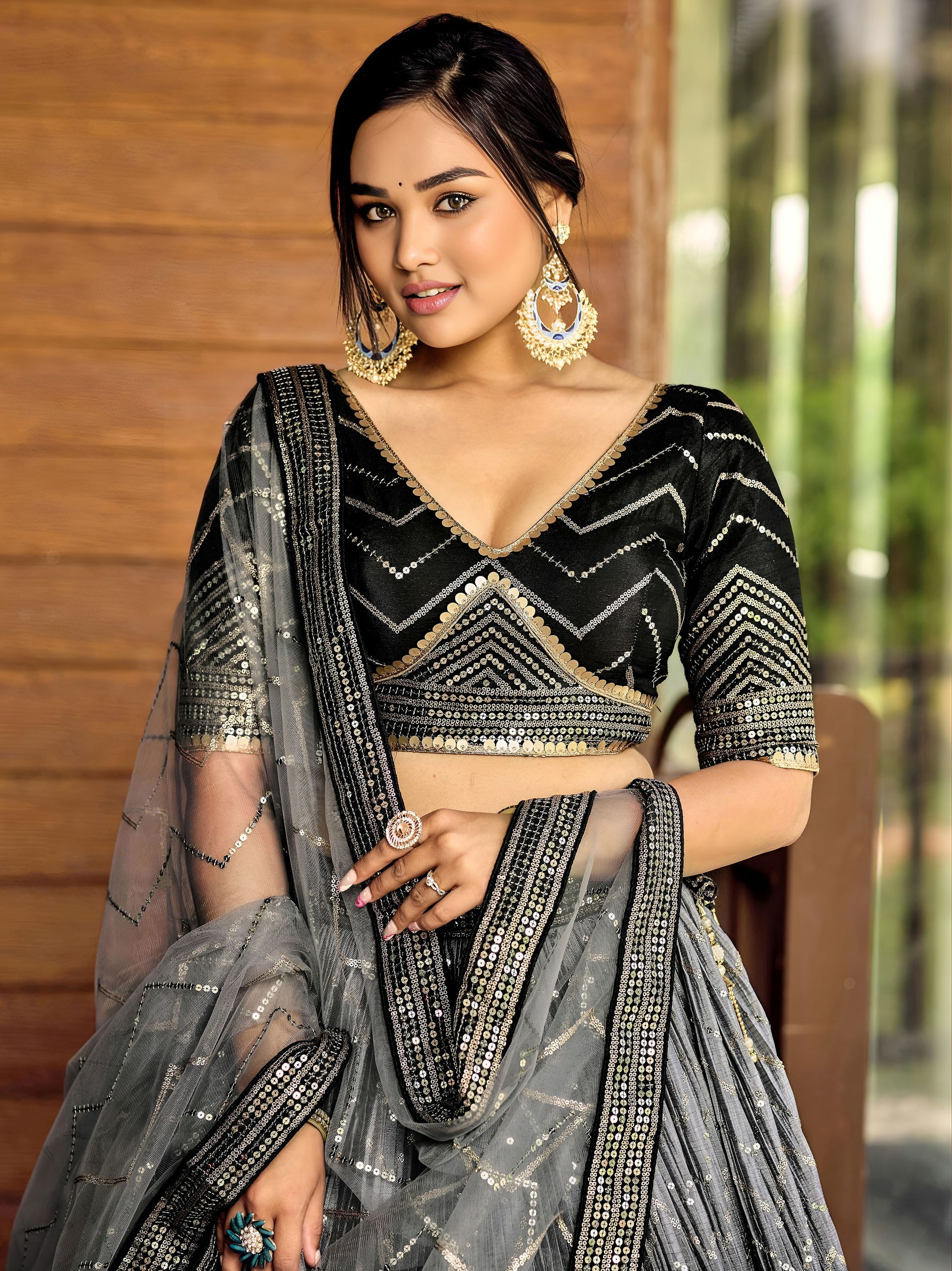 Superb Black Sequins Chinon Events Wear Lehenga Choli With Dupatta