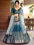 Awesome Teal Blue Sequins Chinon Sangeet Wear Lehenga Choli With Dupatta