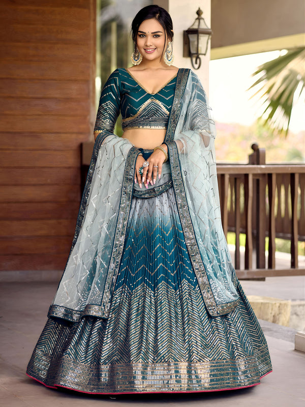 Awesome Teal Blue Sequins Chinon Sangeet Wear Lehenga Choli With Dupatta