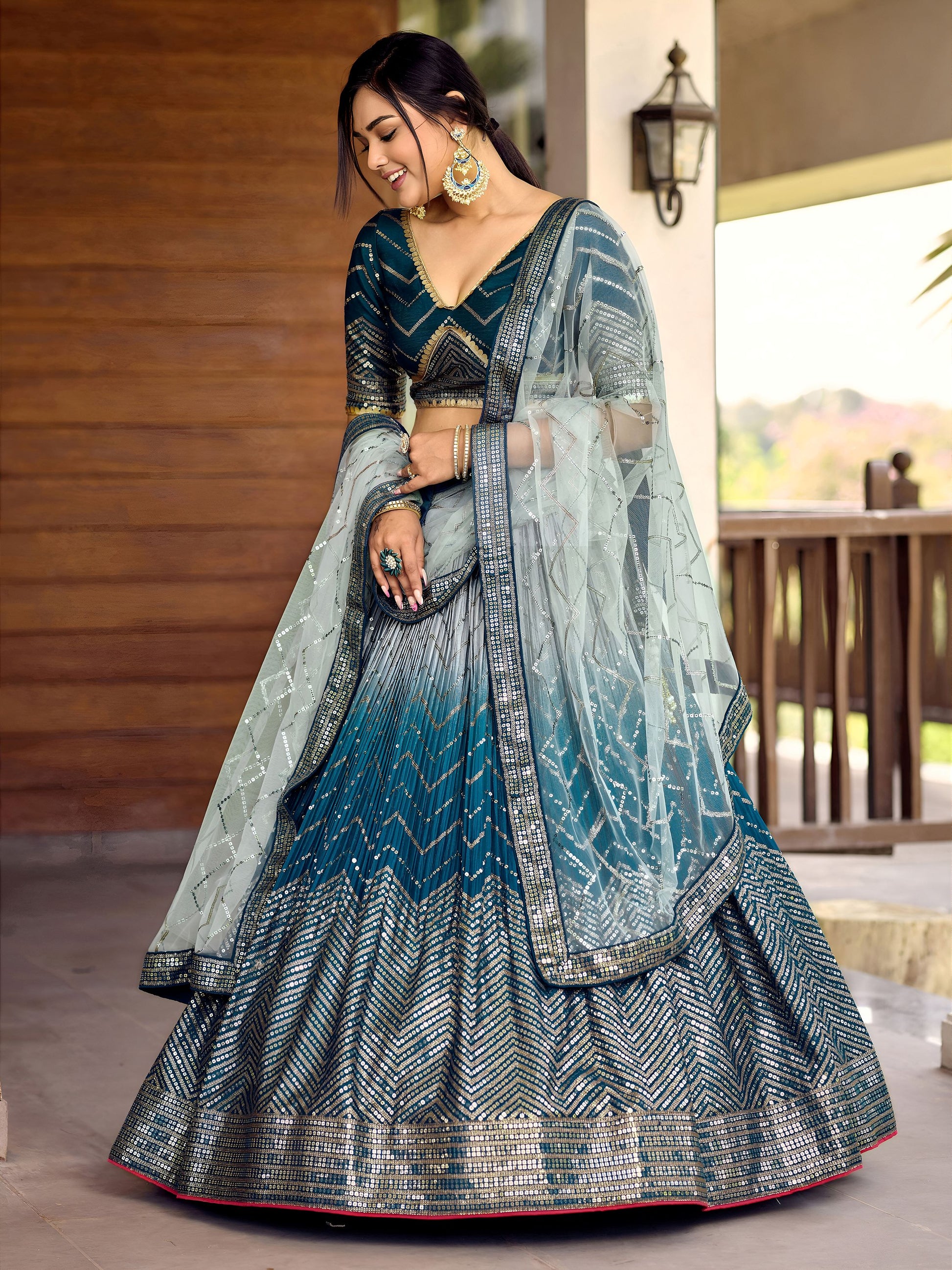Awesome Teal Blue Sequins Chinon Sangeet Wear Lehenga Choli With Dupatta