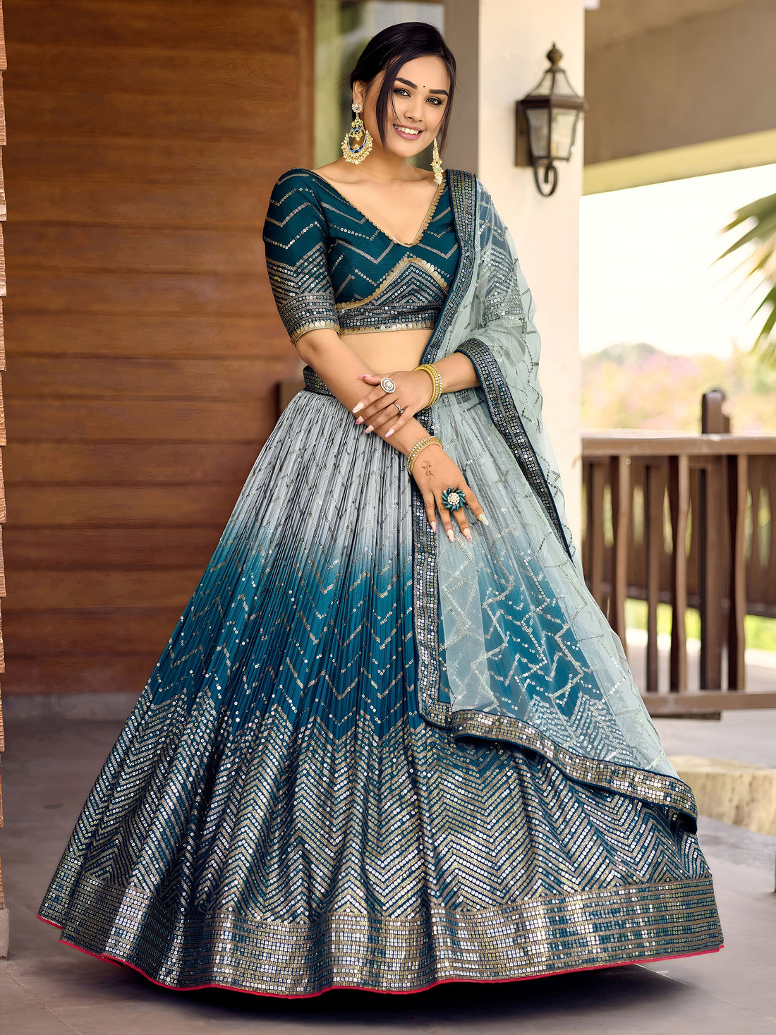Awesome Teal Blue Sequins Chinon Sangeet Wear Lehenga Choli With Dupatta