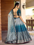 Awesome Teal Blue Sequins Chinon Sangeet Wear Lehenga Choli With Dupatta