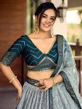 Awesome Teal Blue Sequins Chinon Sangeet Wear Lehenga Choli With Dupatta