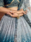 Awesome Teal Blue Sequins Chinon Sangeet Wear Lehenga Choli With Dupatta
