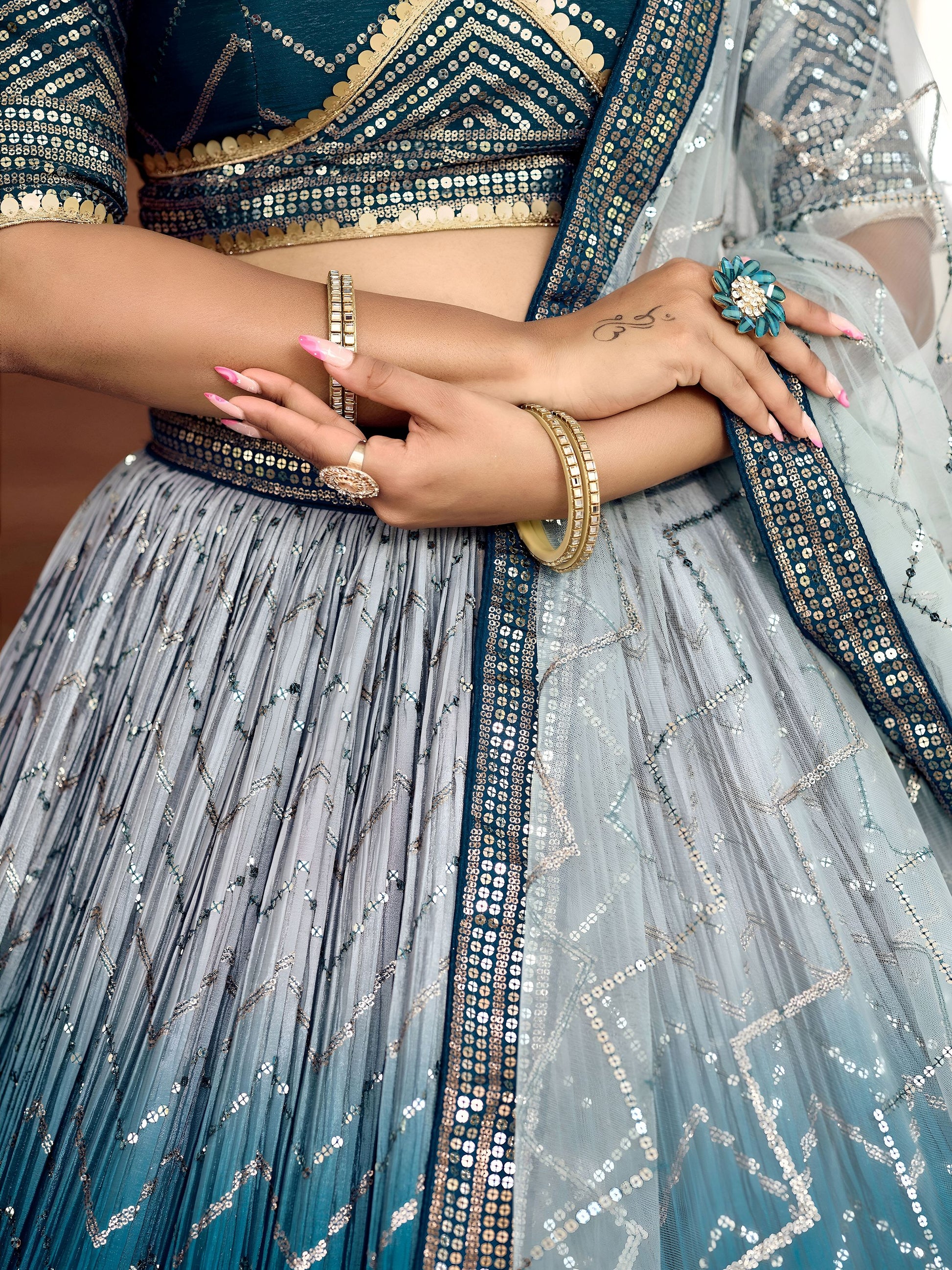 Awesome Teal Blue Sequins Chinon Sangeet Wear Lehenga Choli With Dupatta