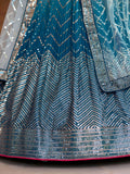 Awesome Teal Blue Sequins Chinon Sangeet Wear Lehenga Choli With Dupatta