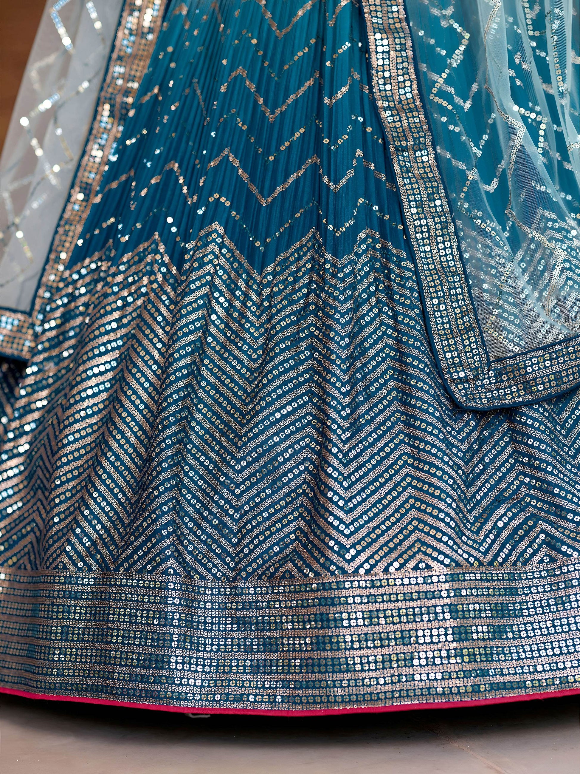 Awesome Teal Blue Sequins Chinon Sangeet Wear Lehenga Choli With Dupatta