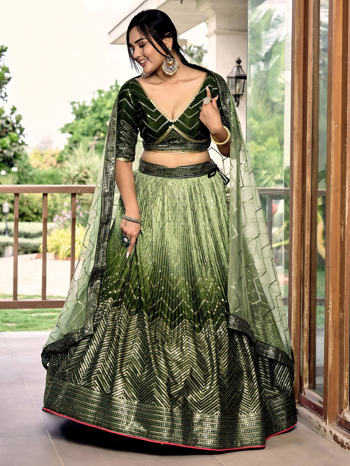 Wonderful Green Sequins Chinon Mehendi Wear Lehenga Choli